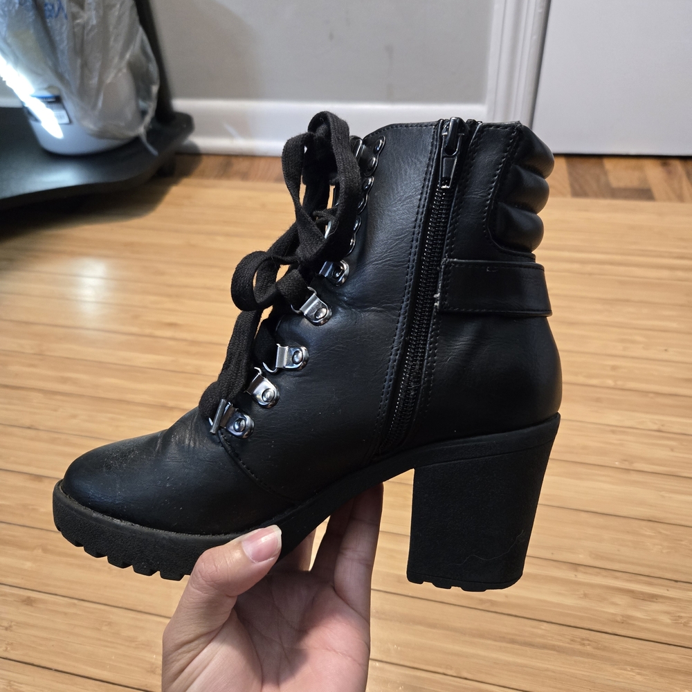 Black Lace-Up Block Heel Ankle Boots